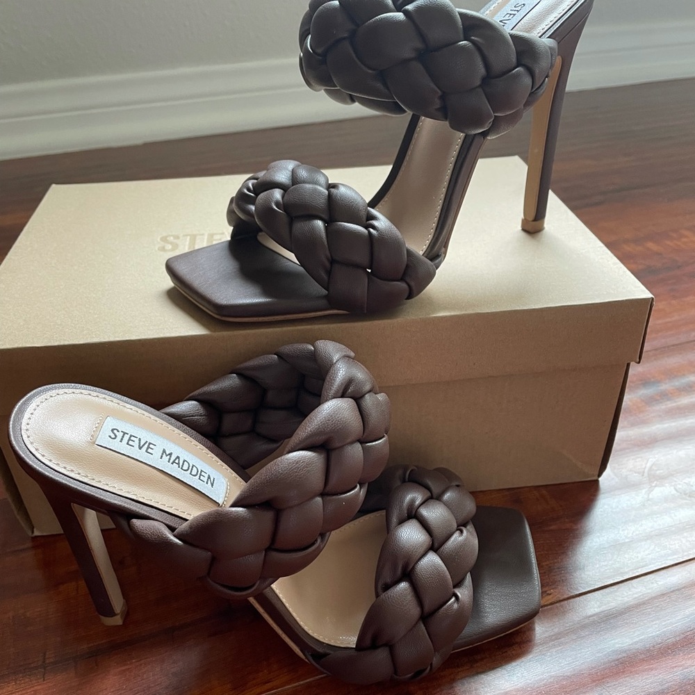Steve Madden, brown, braided strap heels